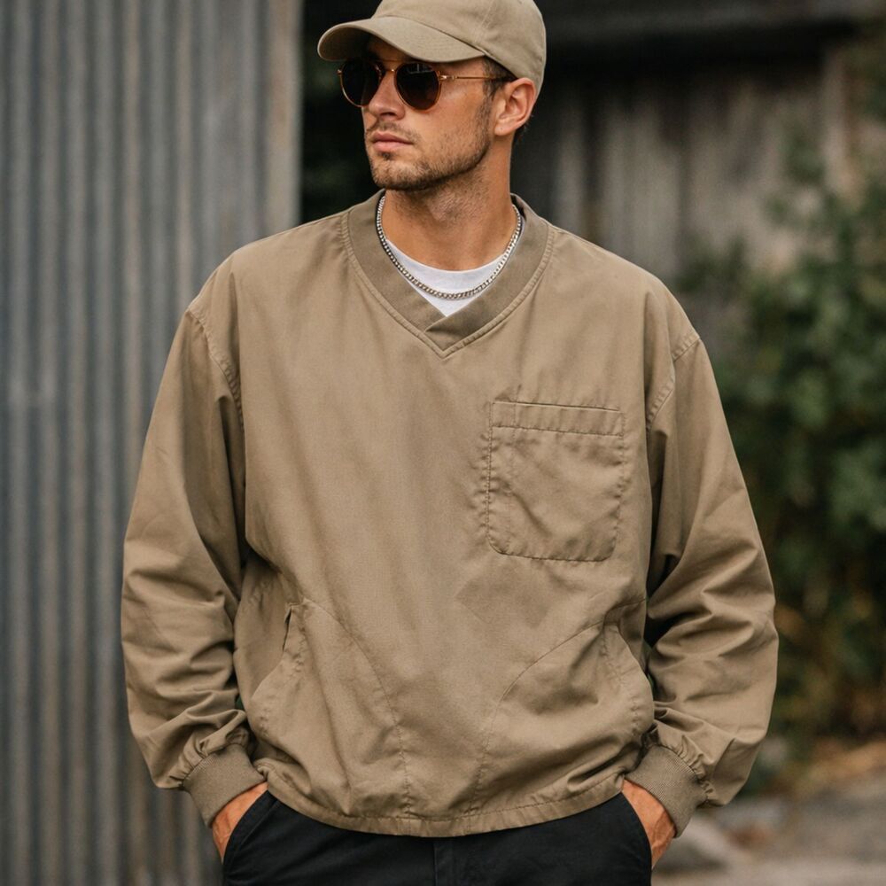Duluth Trading Co V-Neck Pullover Windbreaker Tan Gorpcore Golf Mens sz Large
